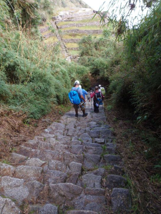 People walking down stone stairs on the Inca Trail in Peru