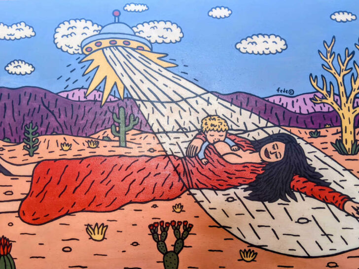 An artwork image showing a baby being breastfed while an alien abducts both mother and child. The Riccitelli Winery is known for being both its artwork and wines.