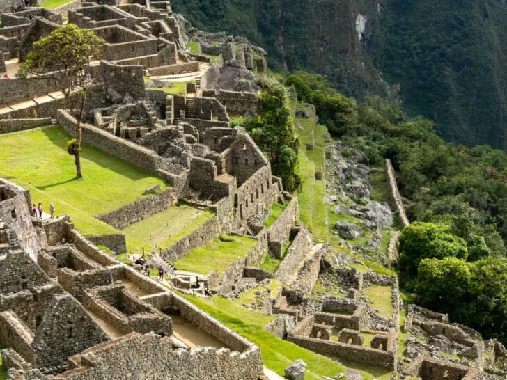 Views of the lower terraces and temples in Machu Picchu