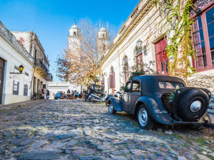 The cobbled streets and vintage cars of Colonia del Sacramento in Uruguay during a day trip from Buenos Aires.