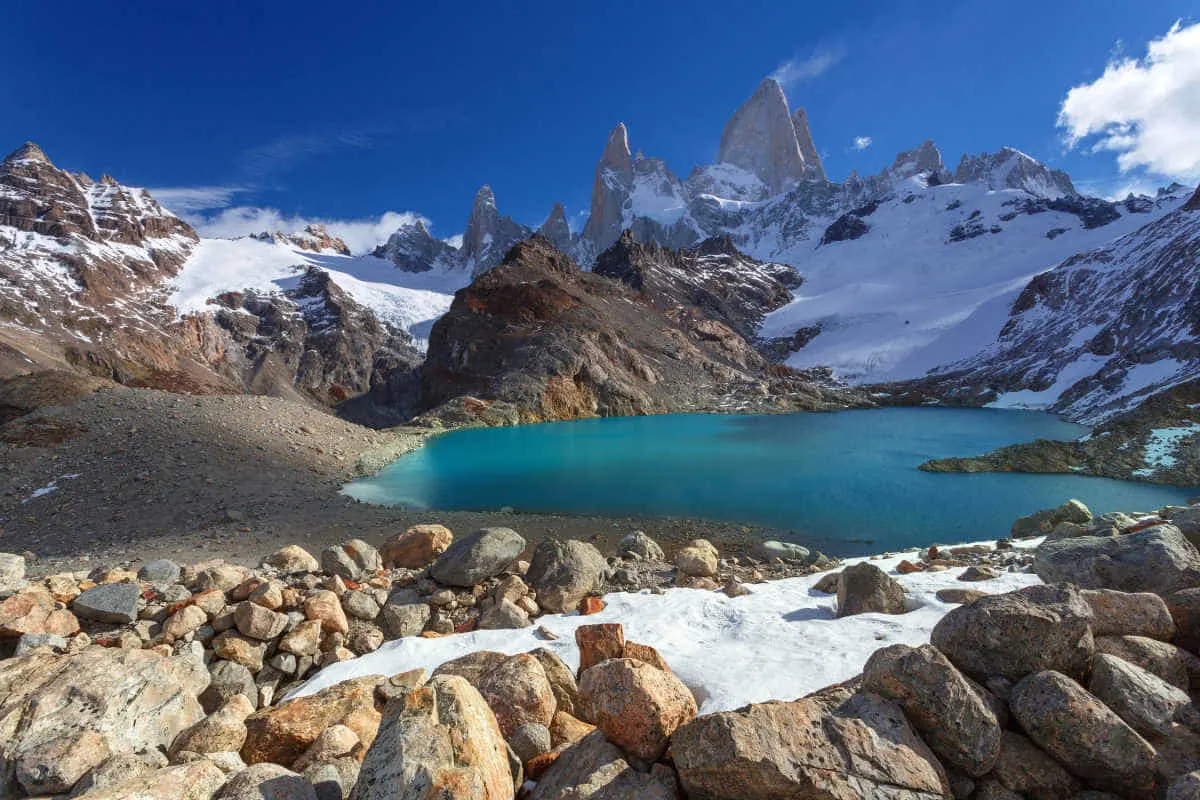 Mount Fitz Roy providing the backdrop to a bright blue lake in the Los Glaciares National Park, Patagonia.